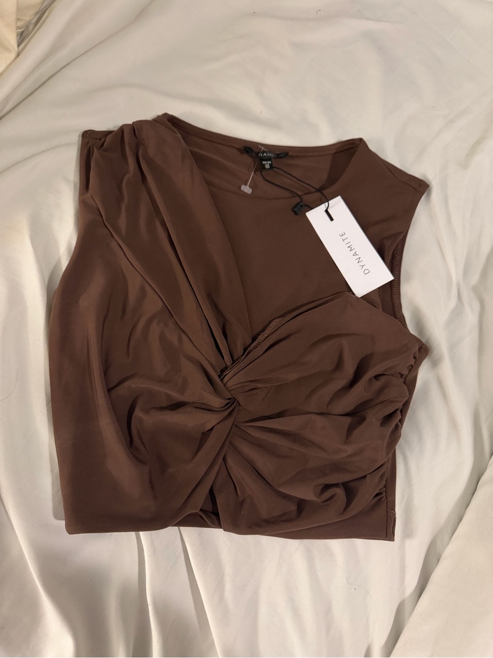 Dynamite Chocolate Brown Twist-Front Sleeveless Top